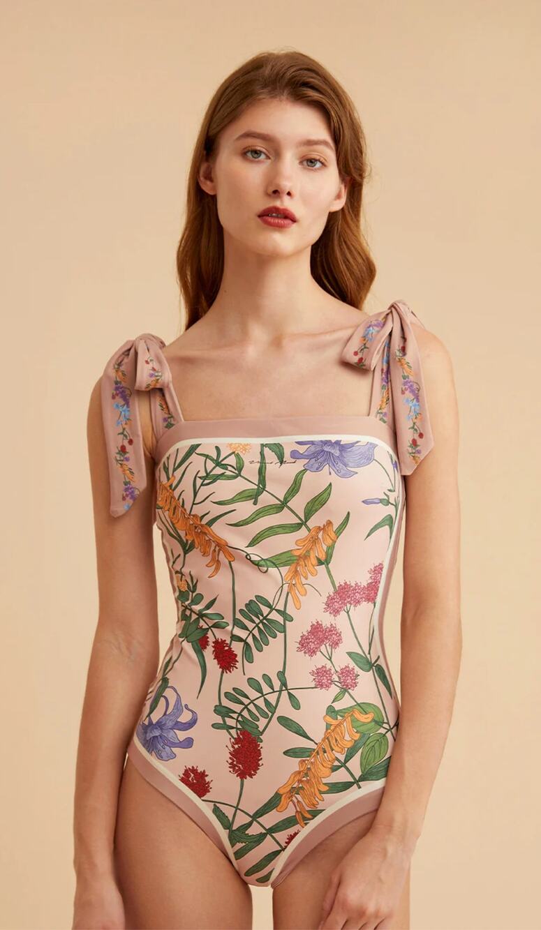 Visual Mood Joanna Reversible Tie Shoulder One Piece Swimsuit Pink Floral S